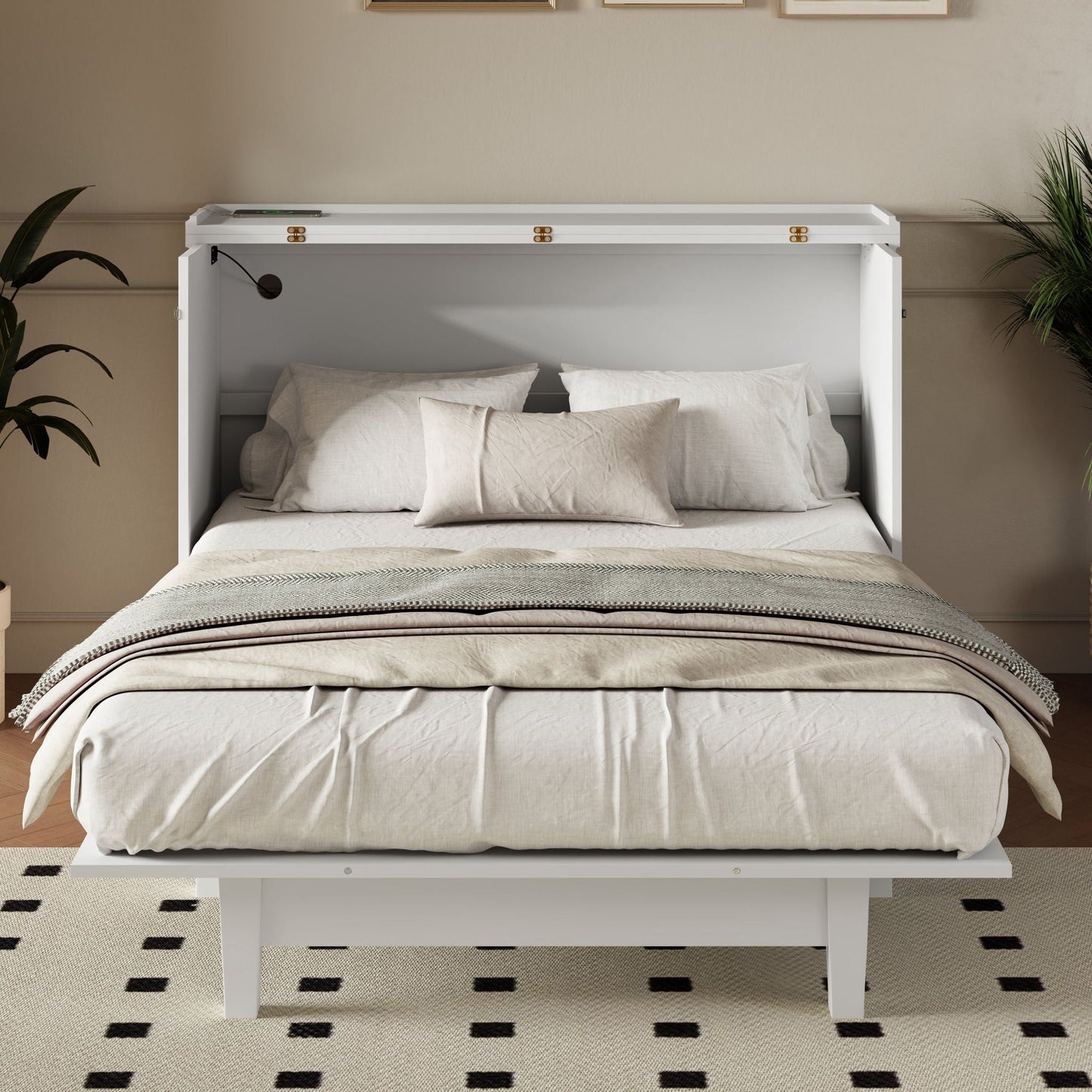 Solid Pine Murphy Cabinet Bed with Charging Station & Storage Drawer