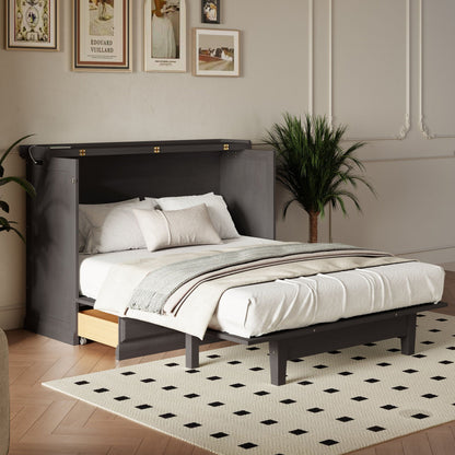 Solid Pine Murphy Cabinet Bed with Charging Station & Storage Drawer