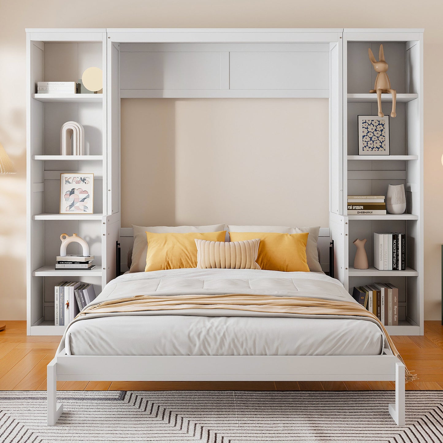Queen Murphy Bed with Desk & Wide Bookshelf - White