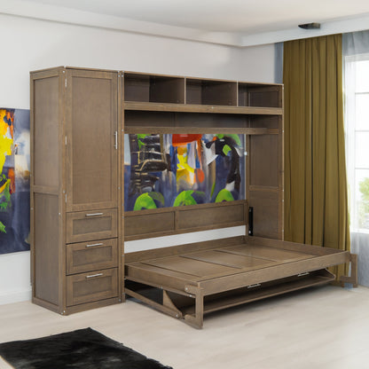 Full Murphy Bed with Wardrobe, Drawers & Open Shelves - Antique Grey