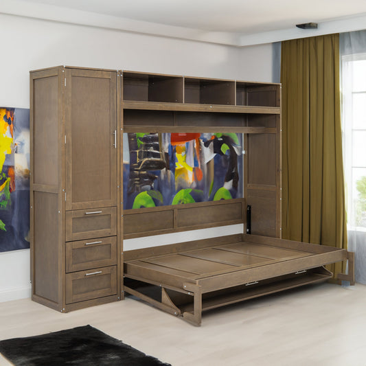 Full Murphy Bed with Wardrobe, Drawers & Open Shelves - Antique Grey