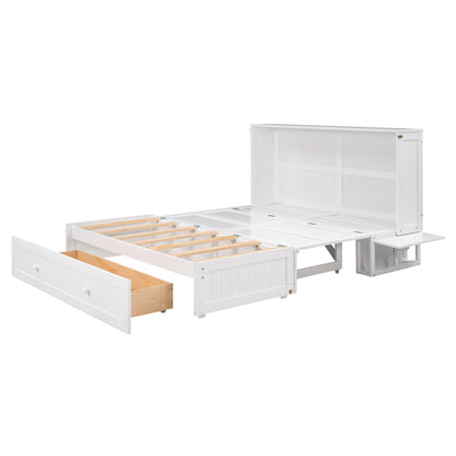 Queen Mobile Murphy Bed with Drawer & Side Shelves - White