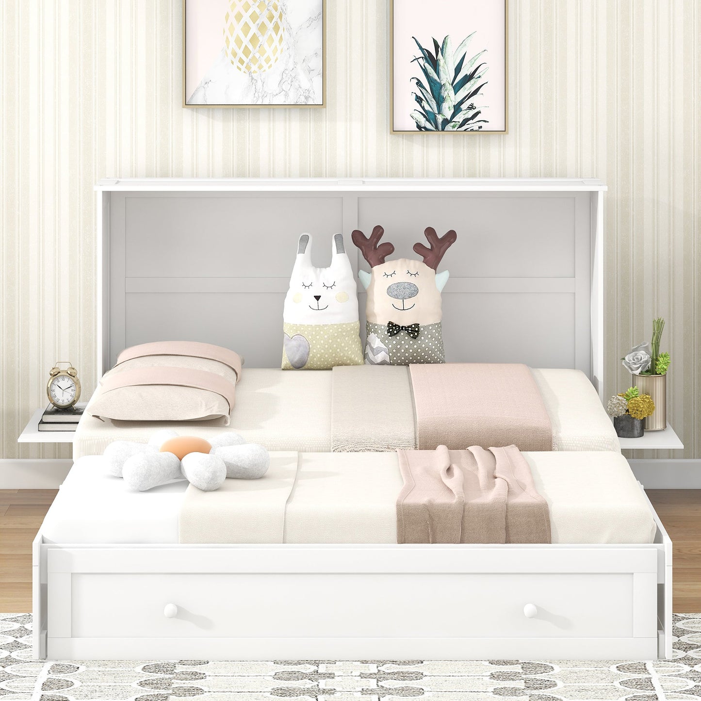 Queen Mobile Murphy Bed with Drawer & Side Shelves - White