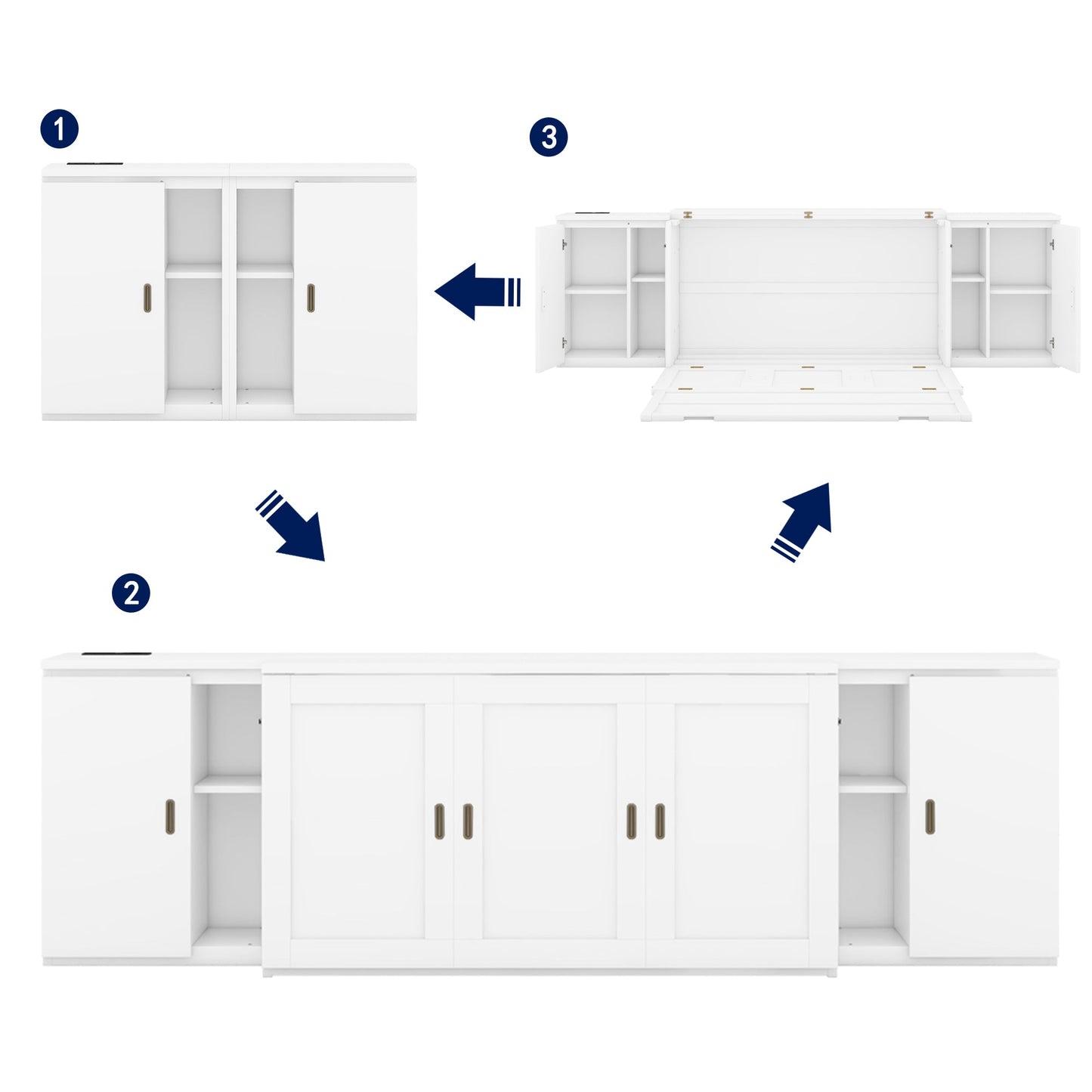 Queen Murphy Bed with Shelves, Cabinets & USB Ports - White