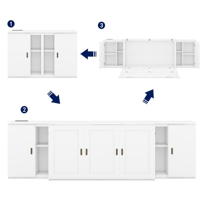 Queen Murphy Bed with Shelves, Cabinets & USB Ports - White