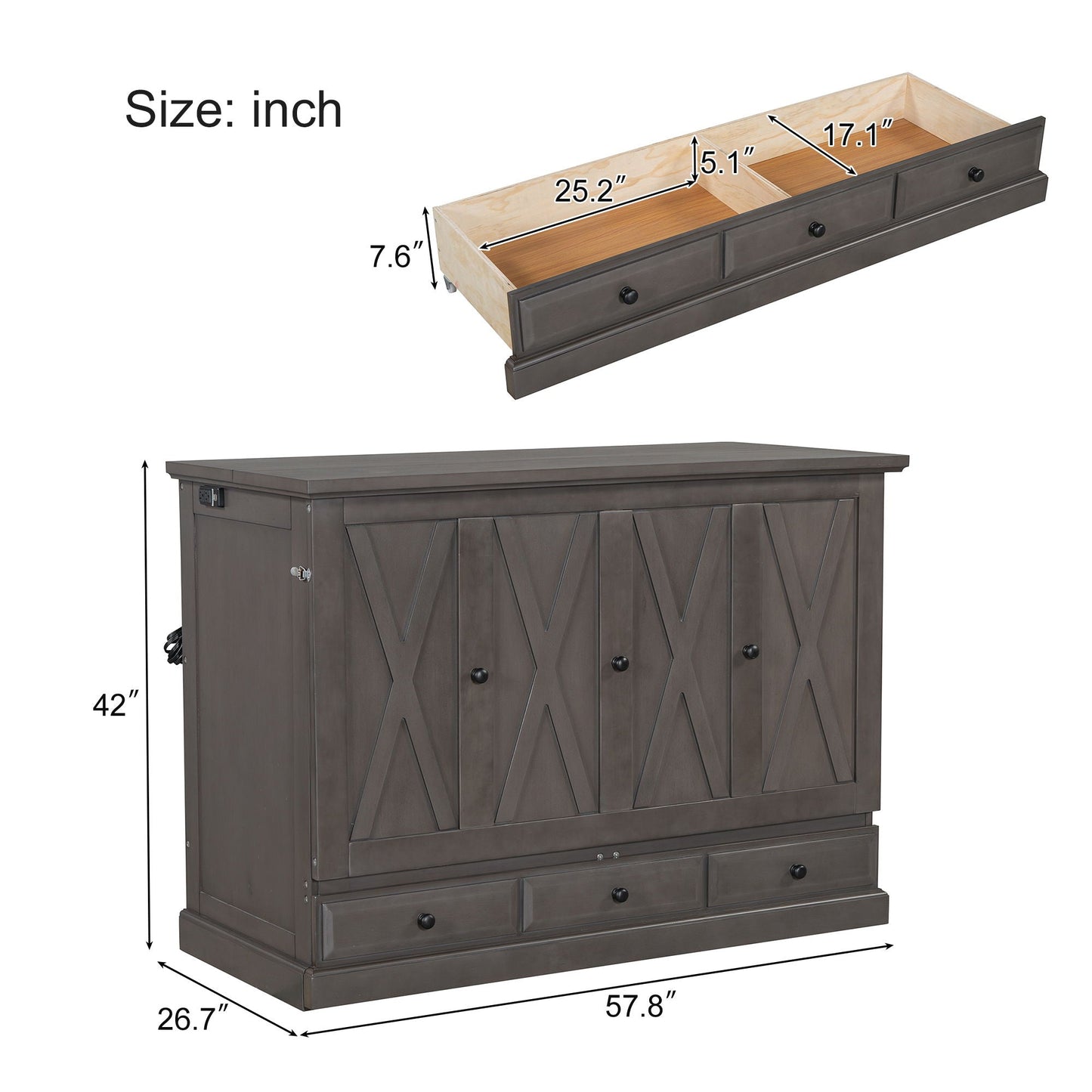 Solid Pine Murphy Cabinet Bed with Charging Station & Storage Drawer