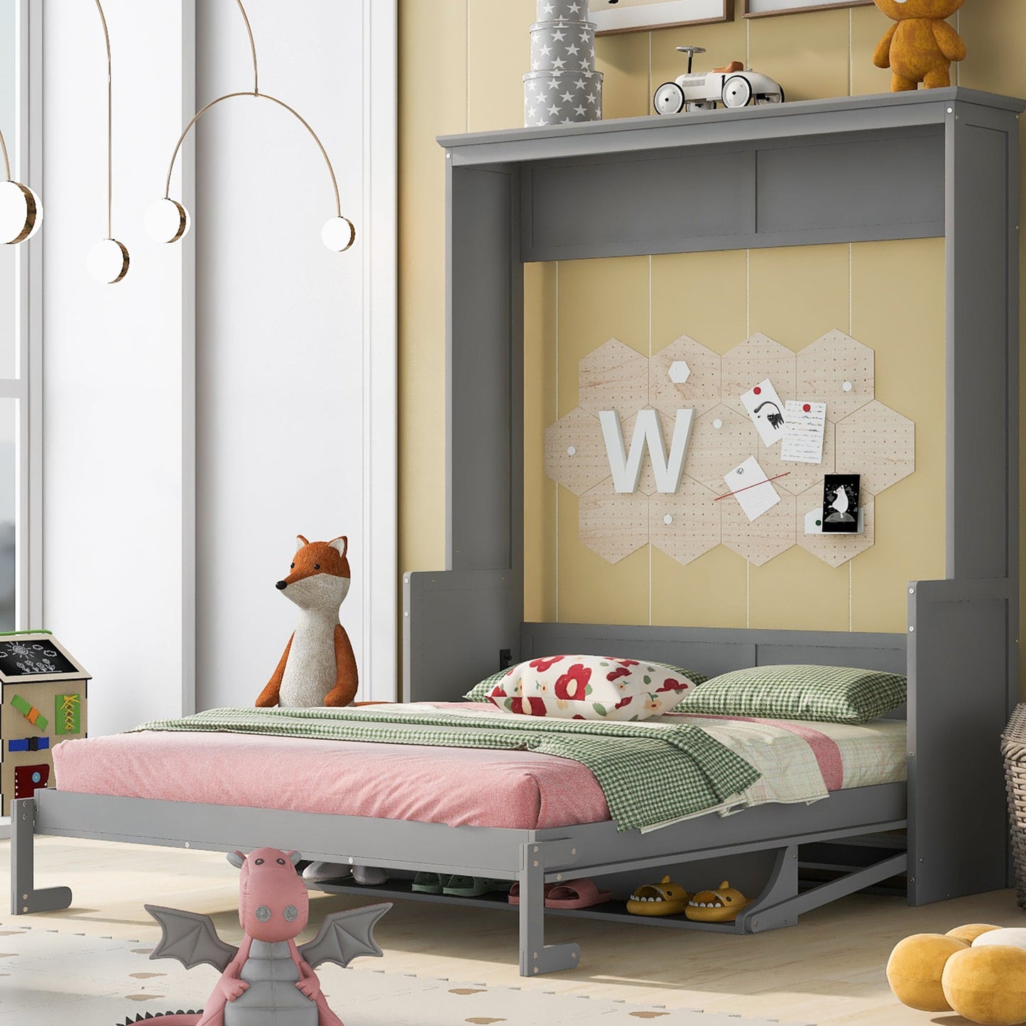 Queen Murphy Bed with Shelf - Gray