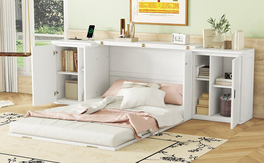 Full Murphy Bed with Shelves, Cabinets & USB Ports - White