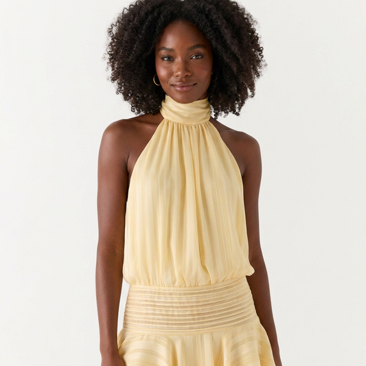 Vibrant Yellow Chiffon Halter Mini Dress - Chic Summer Evening Wear