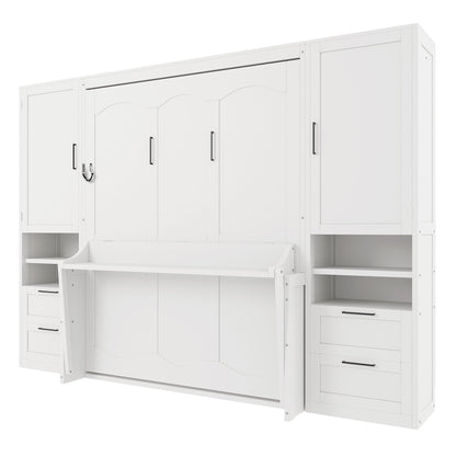 Queen Murphy Wall Bed with Closet, Drawers & Shelves - White