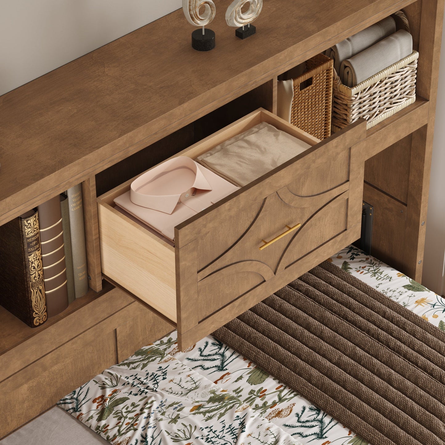 Twin Murphy Bed with Charging Station & Drawer - Natural Wood