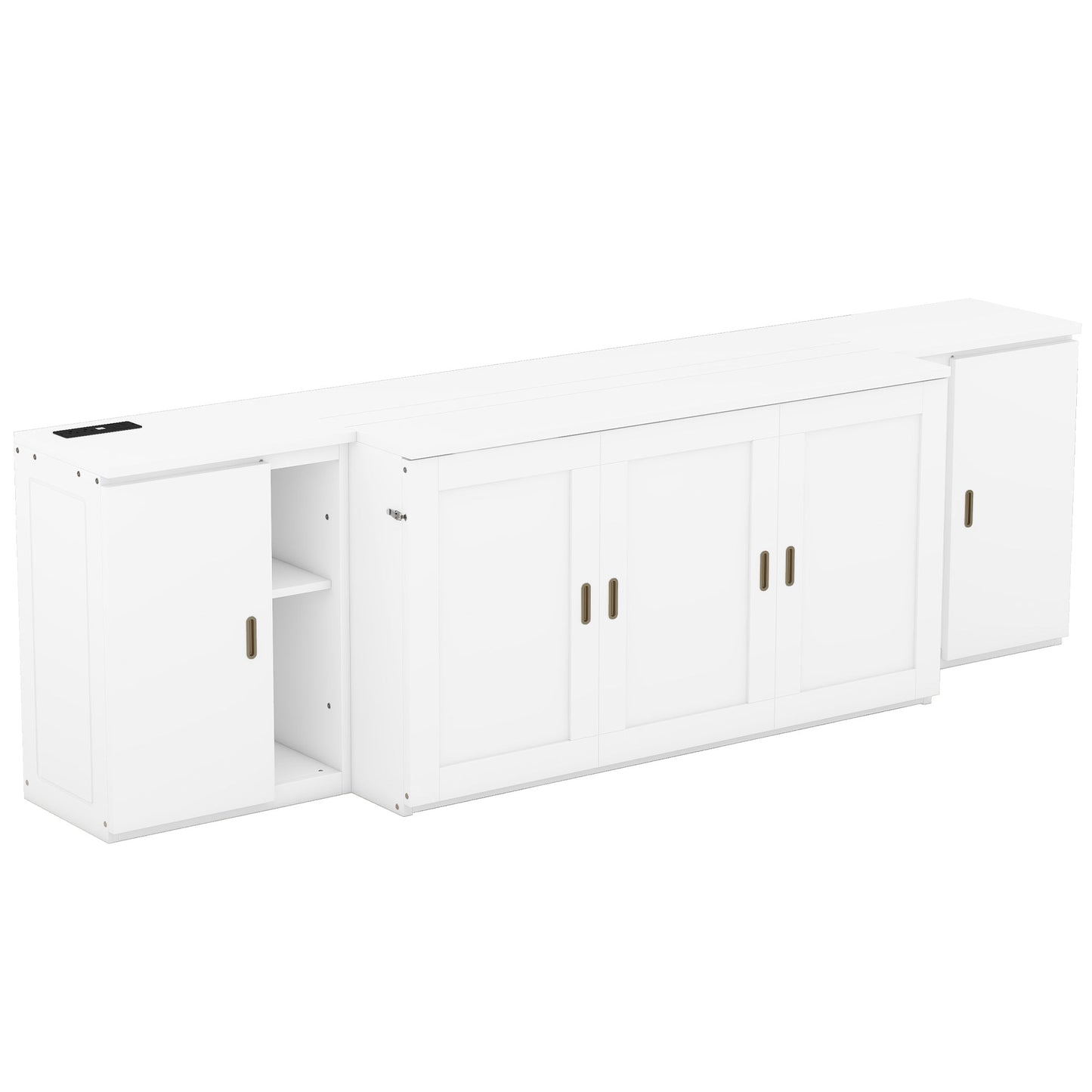 Queen Murphy Bed with Shelves, Cabinets & USB Ports - White