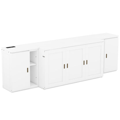 Queen Murphy Bed with Shelves, Cabinets & USB Ports - White
