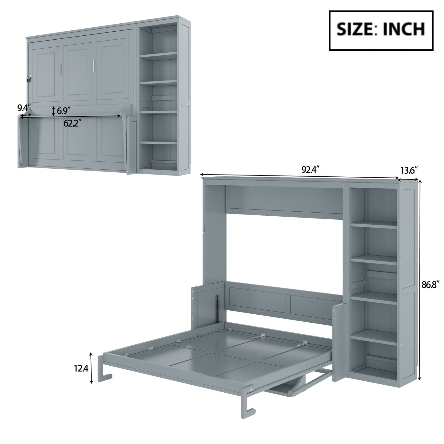 Queen Murphy Bed with Desk & Bookshelf - Gray or White