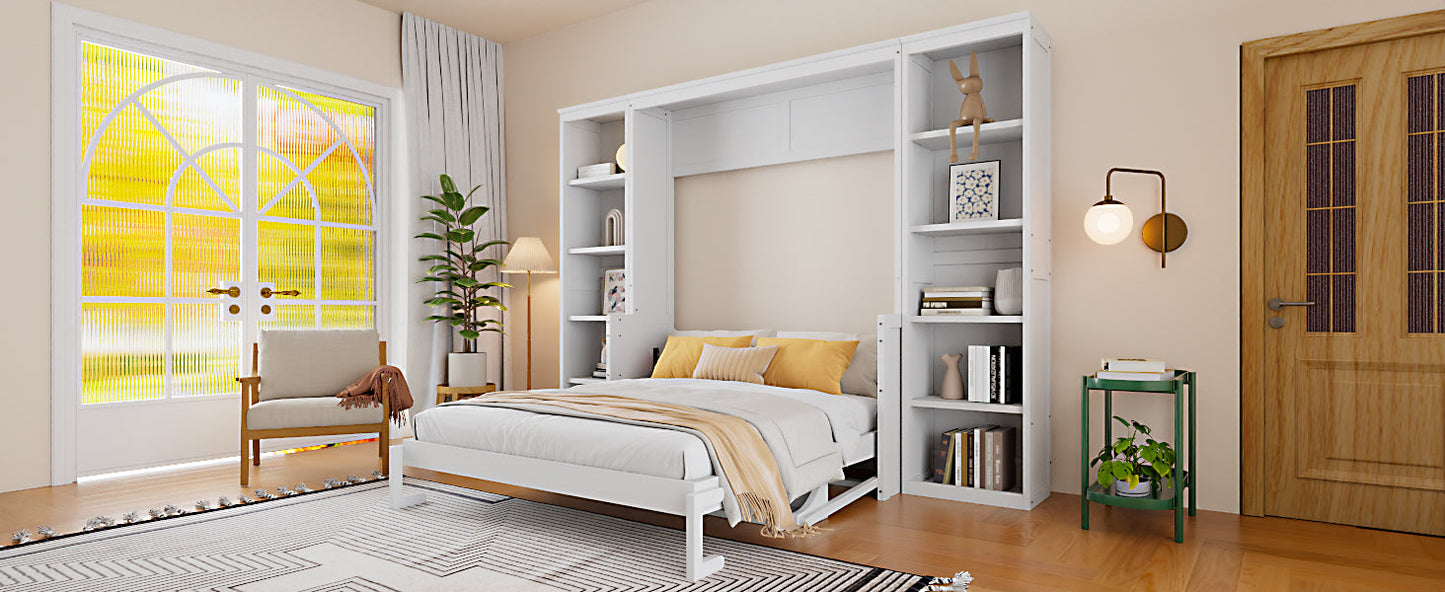 Queen Murphy Bed with Desk & Wide Bookshelf - White