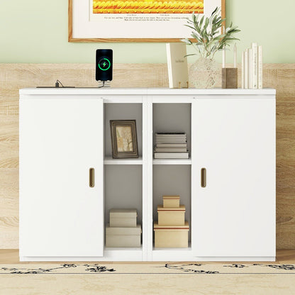 Full Murphy Bed with Shelves, Cabinets & USB Ports - White