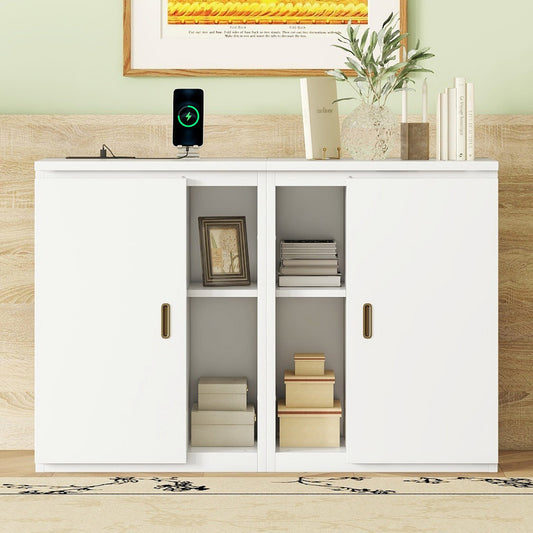 Full Murphy Bed with Shelves, Cabinets & USB Ports - White