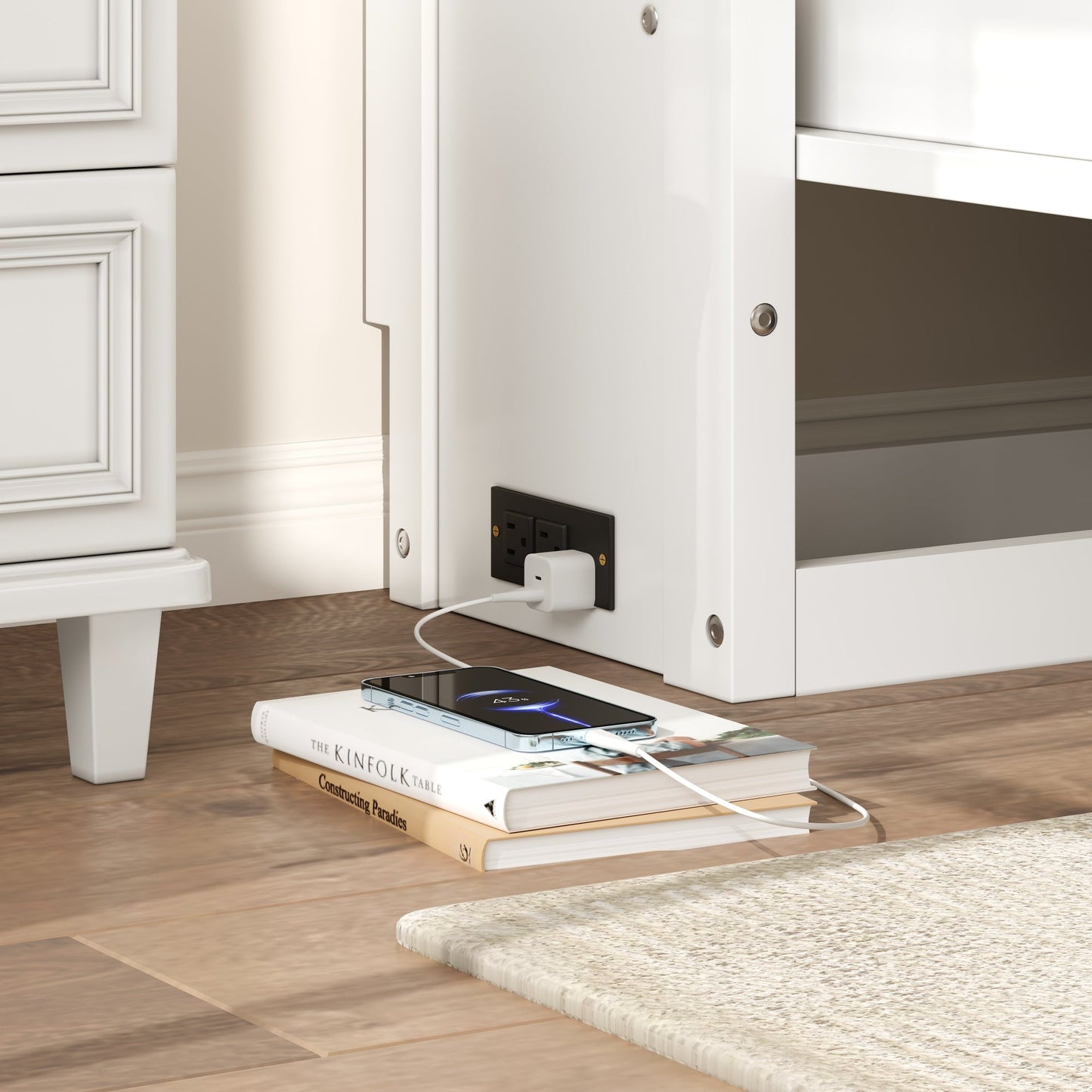 Twin Murphy Bed with Charging Station & Drawer - White
