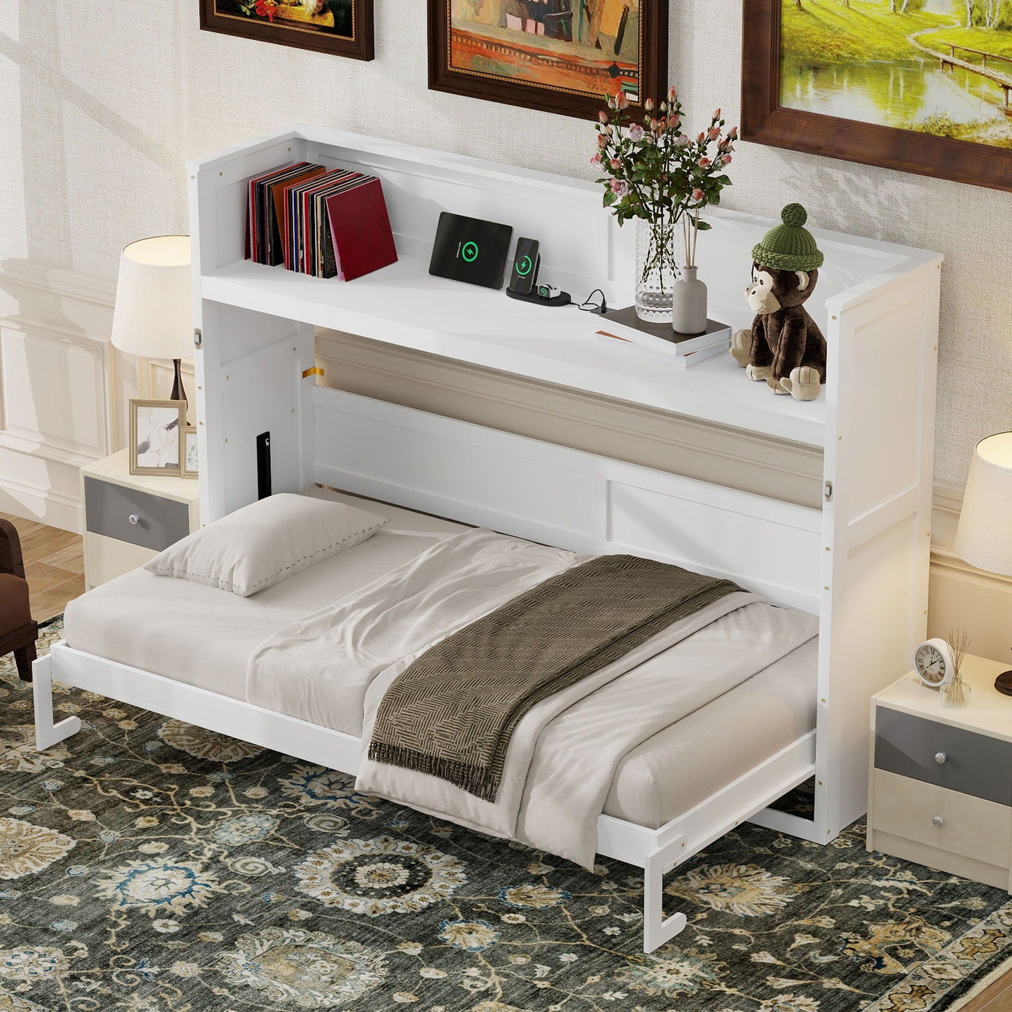 Murphy Bed with Desk, LED Light & USB Charging Station