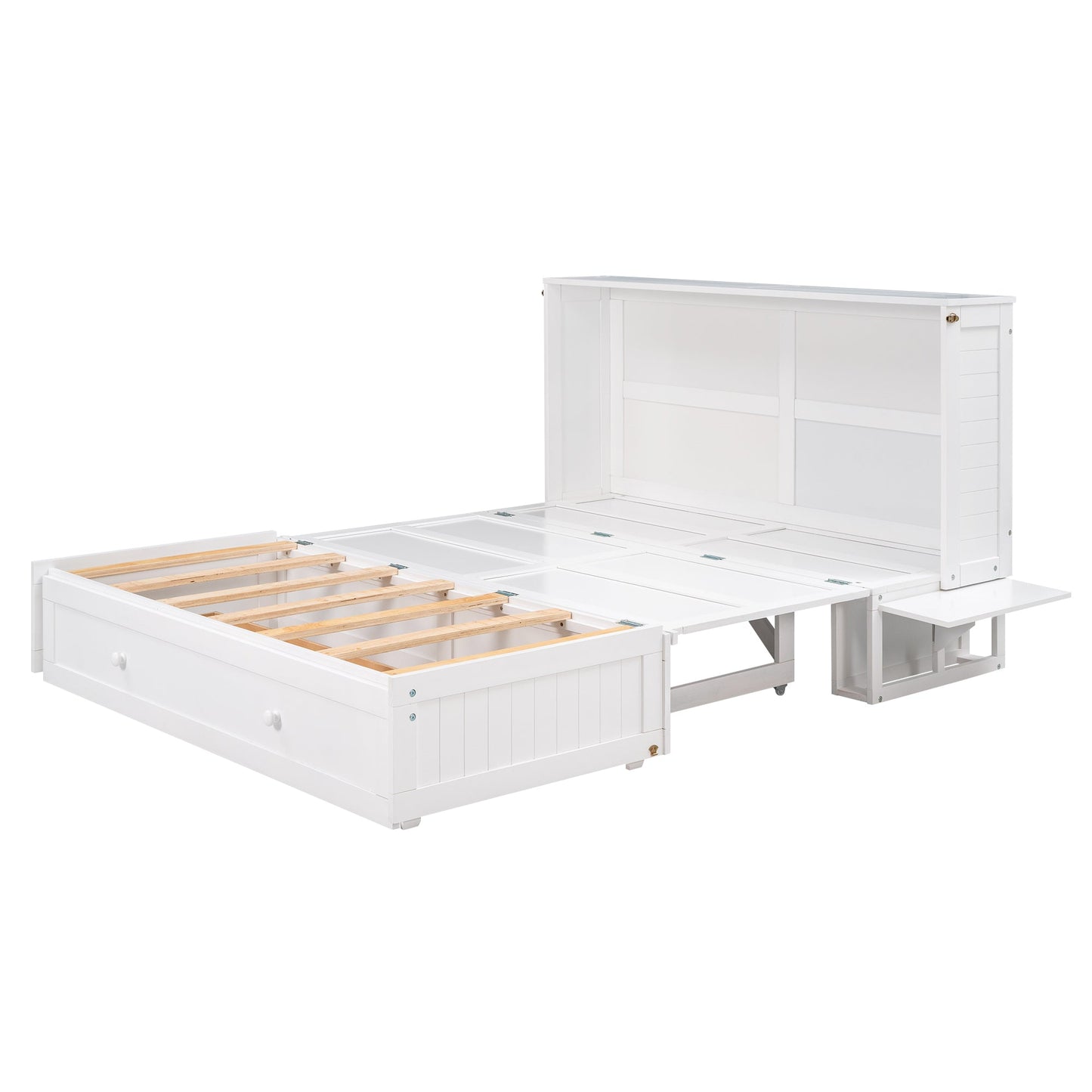 Queen Mobile Murphy Bed with Drawer & Side Shelves - White