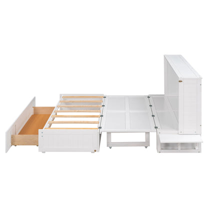 Queen Mobile Murphy Bed with Drawer & Side Shelves - White