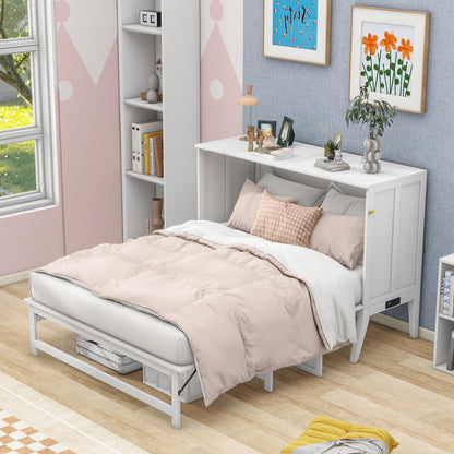 Queen Murphy Bed with Charging Station & Shelf - White