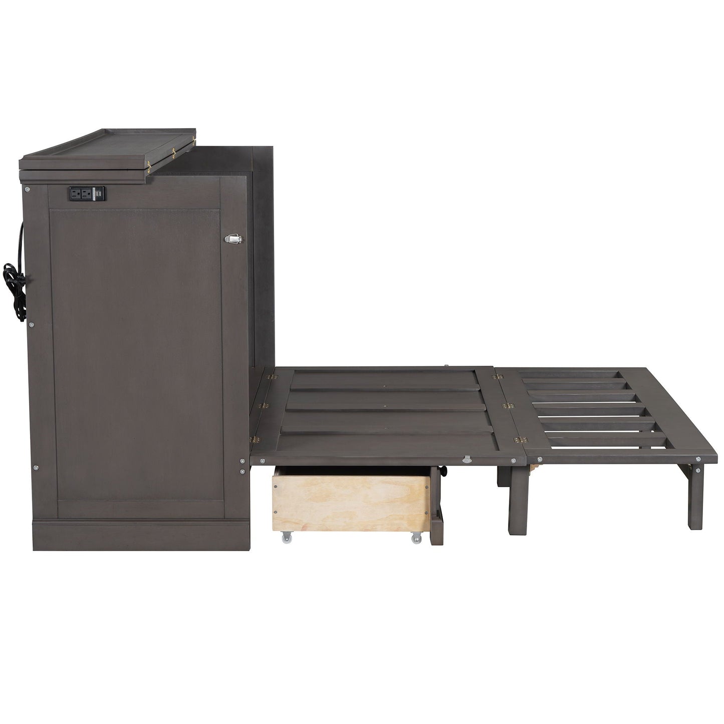 Solid Pine Murphy Cabinet Bed with Charging Station & Storage Drawer