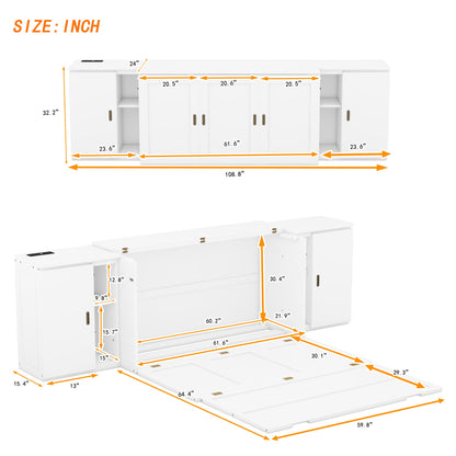Queen Murphy Bed with Shelves, Cabinets & USB Ports - White