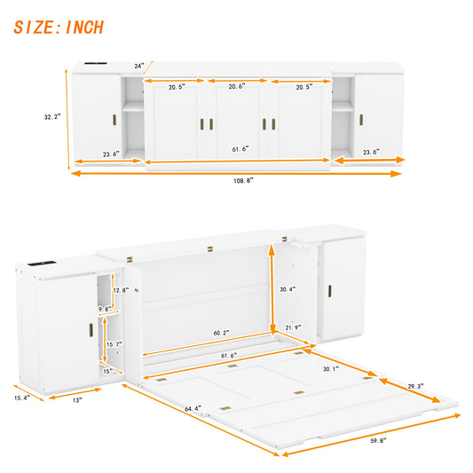 Queen Murphy Bed with Shelves, Cabinets & USB Ports - White