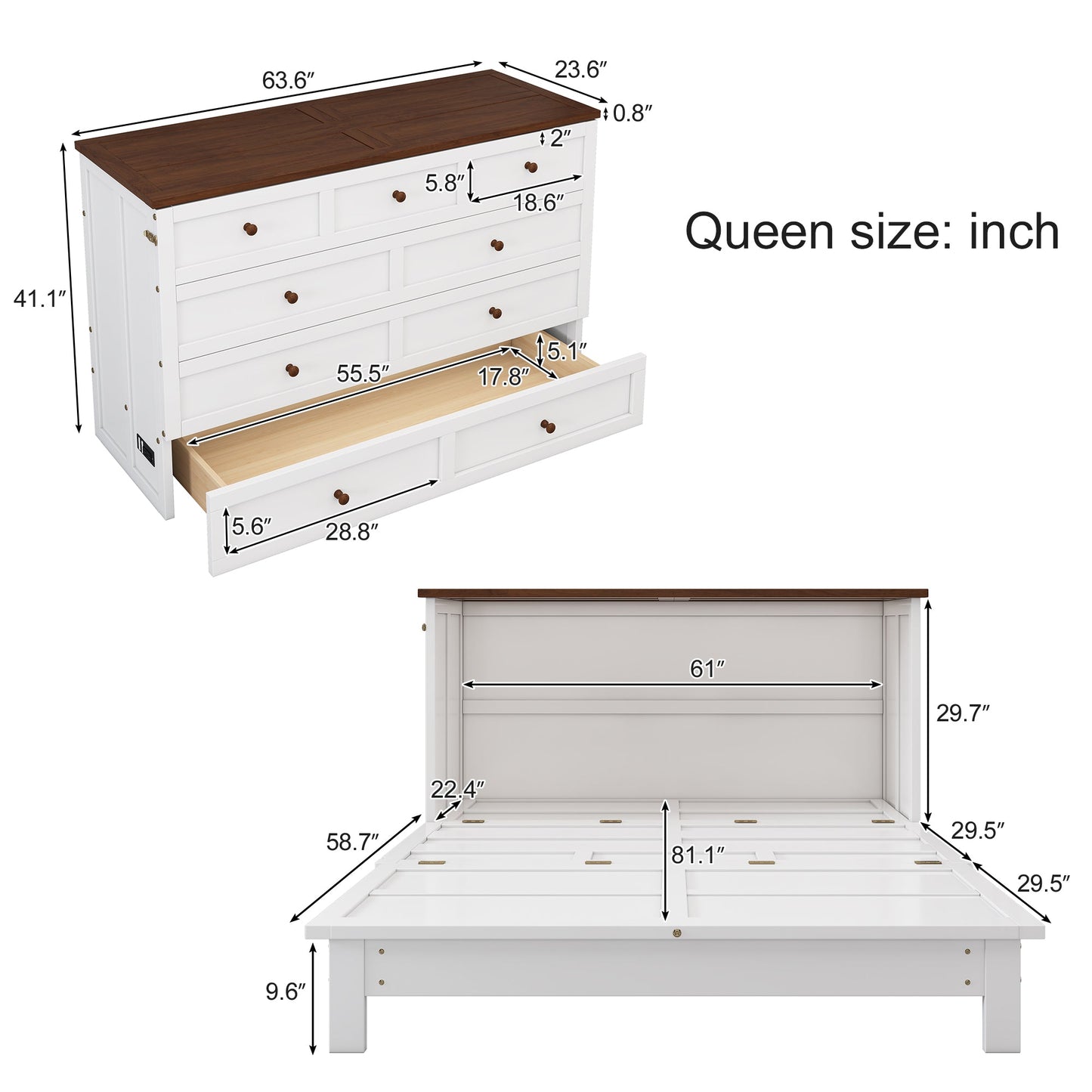Queen Solid Pine Murphy Cabinet Bed with Charging Station - White & Walnut