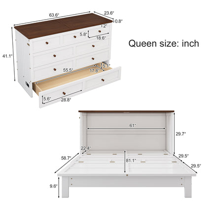 Queen Solid Pine Murphy Cabinet Bed with Charging Station - White & Walnut