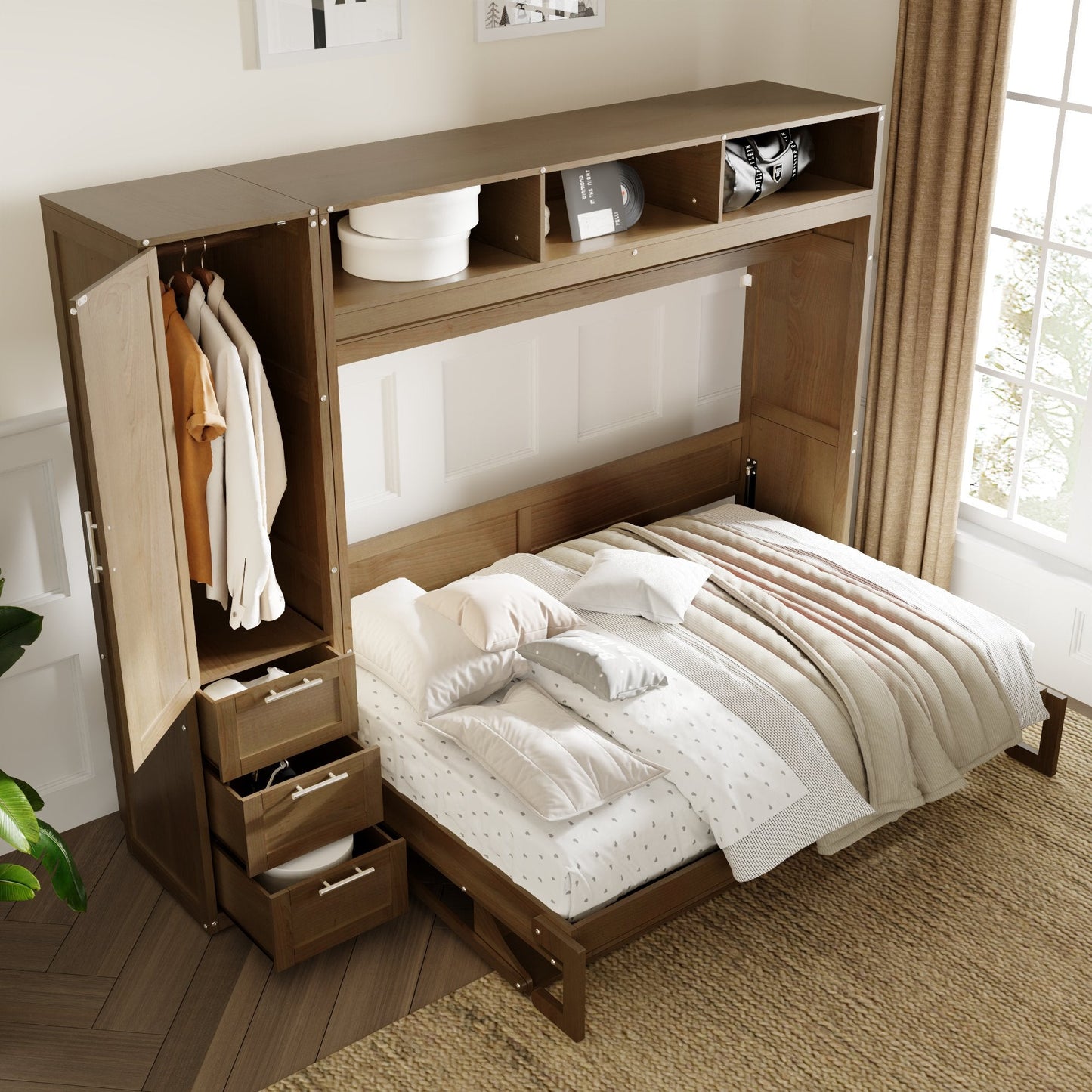 Full Murphy Bed with Wardrobe, Drawers & Open Shelves - Antique Grey