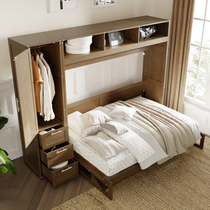 Full Murphy Bed with Wardrobe, Drawers & Open Shelves - Antique Grey