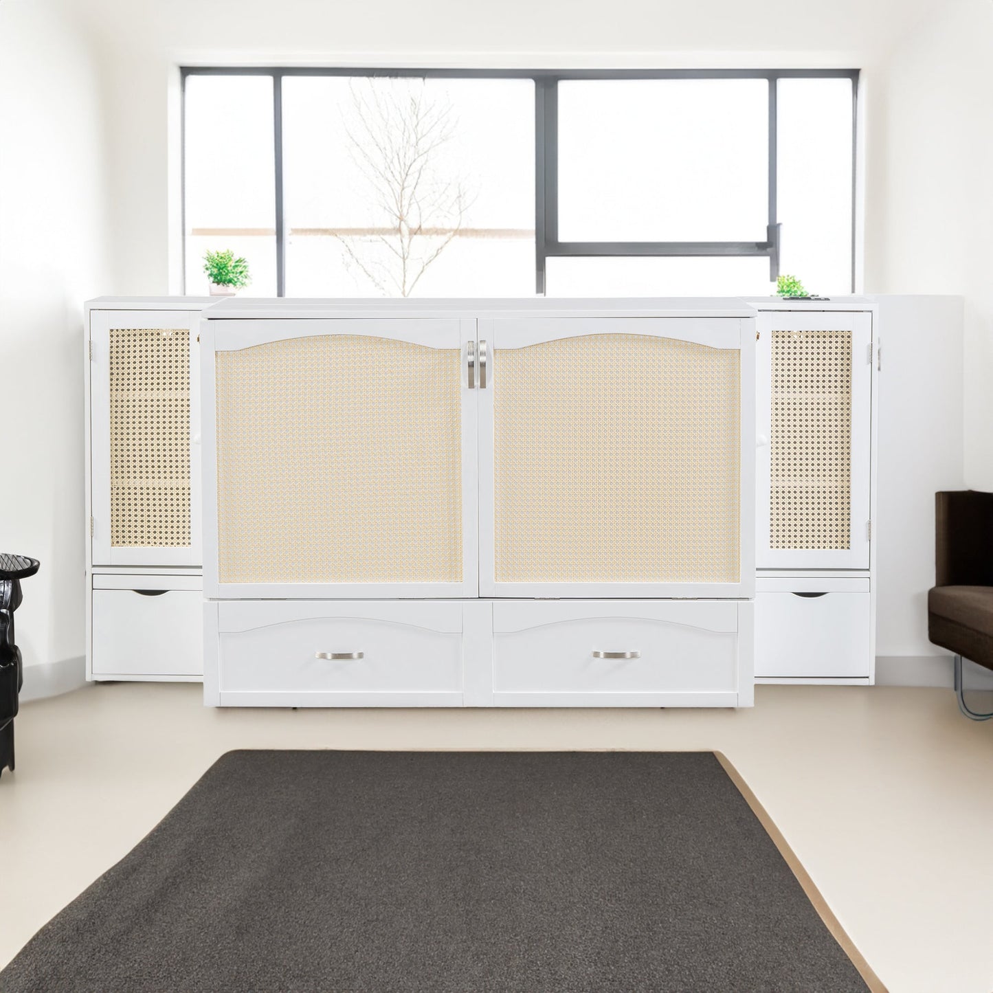Queen Murphy Wall Bed with Storage Cabinets, Drawers & USB - White