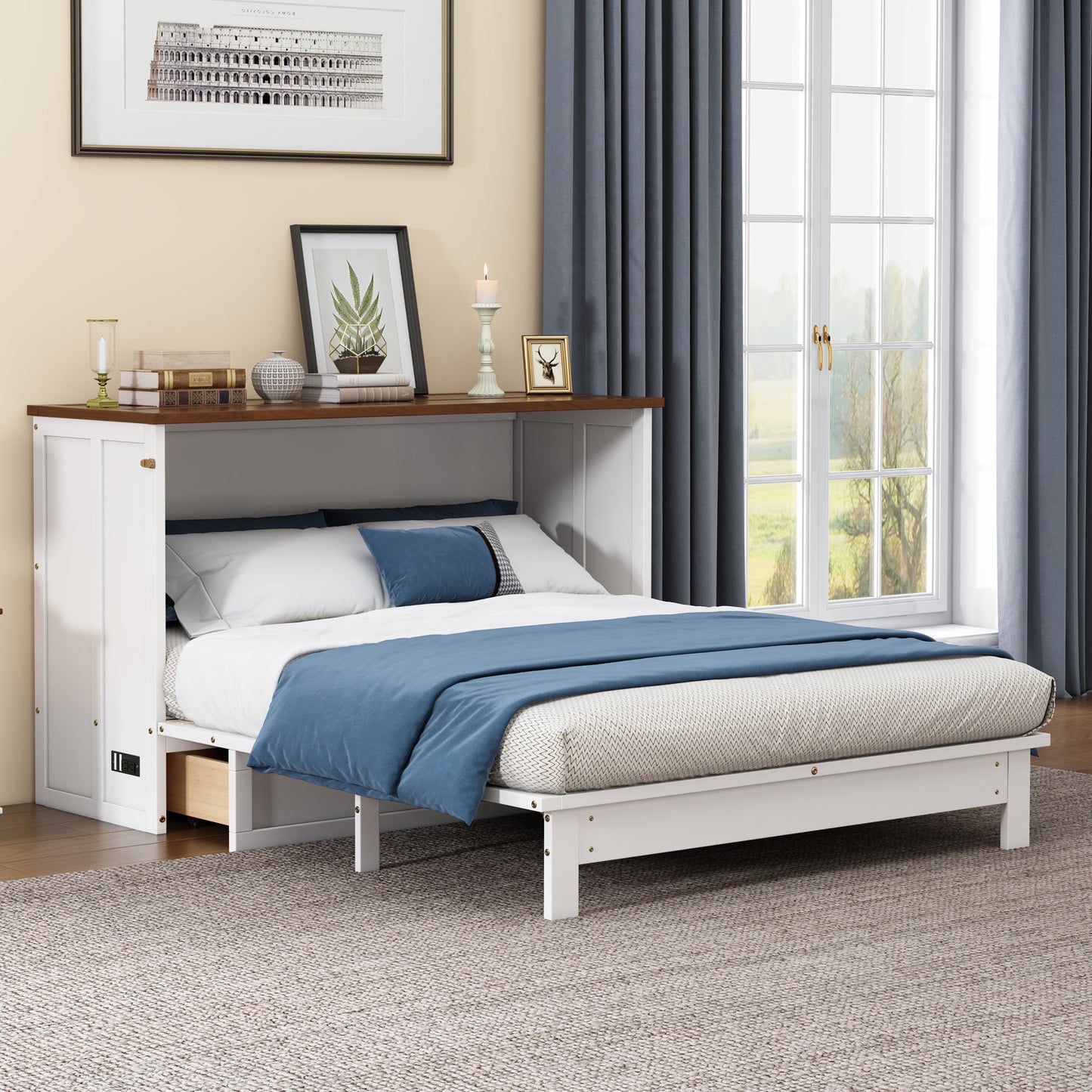 Queen Solid Pine Murphy Cabinet Bed with Charging Station - White & Walnut