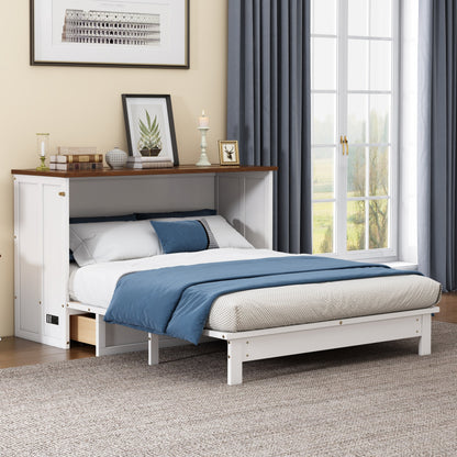 Queen Solid Pine Murphy Cabinet Bed with Charging Station - White & Walnut