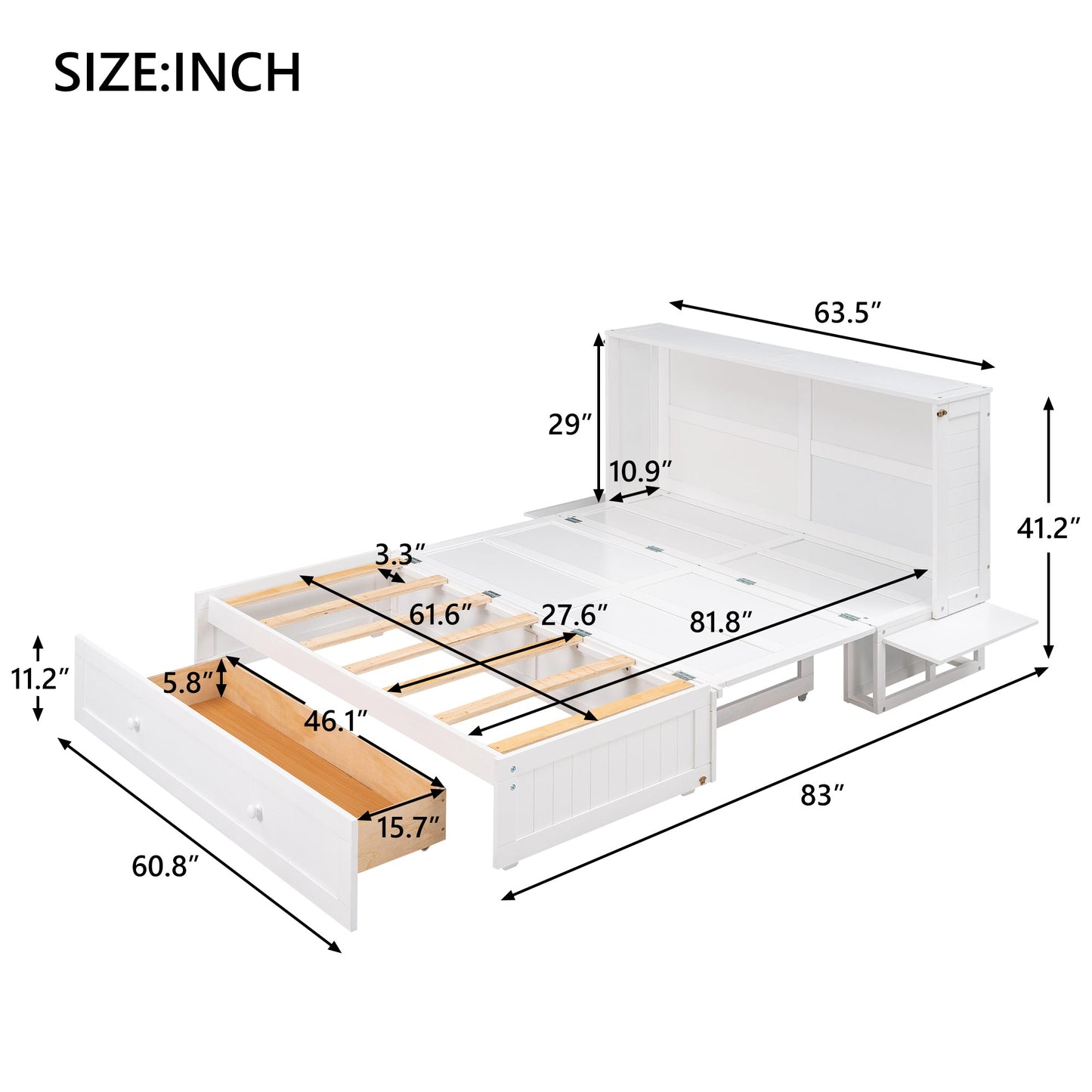 Queen Mobile Murphy Bed with Drawer & Side Shelves - White