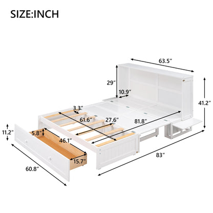 Queen Mobile Murphy Bed with Drawer & Side Shelves - White