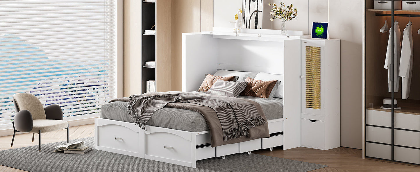 Queen Murphy Wall Bed with Storage Cabinets, Drawers & USB - White