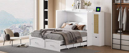 Queen Murphy Wall Bed with Storage Cabinets, Drawers & USB - White