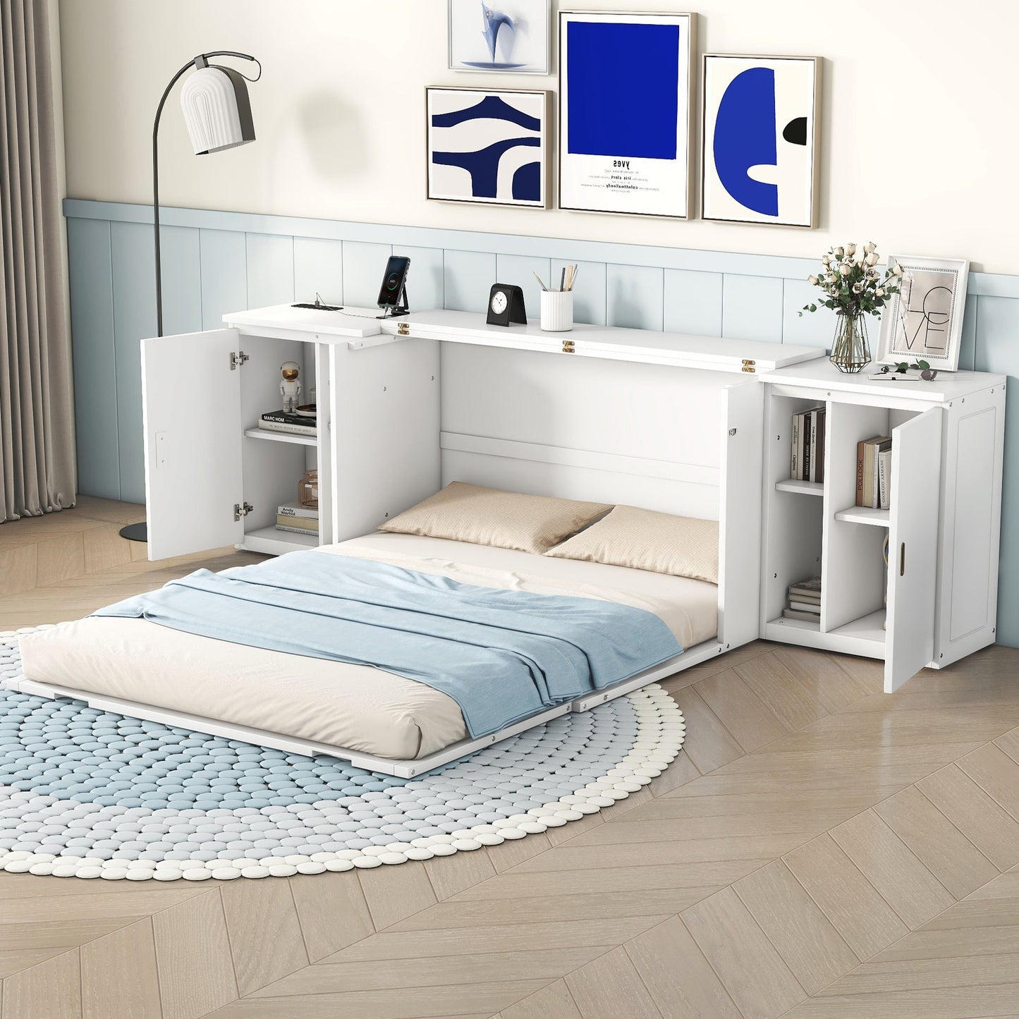 Queen Murphy Bed with Shelves, Cabinets & USB Ports - White