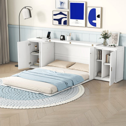 Queen Murphy Bed with Shelves, Cabinets & USB Ports - White