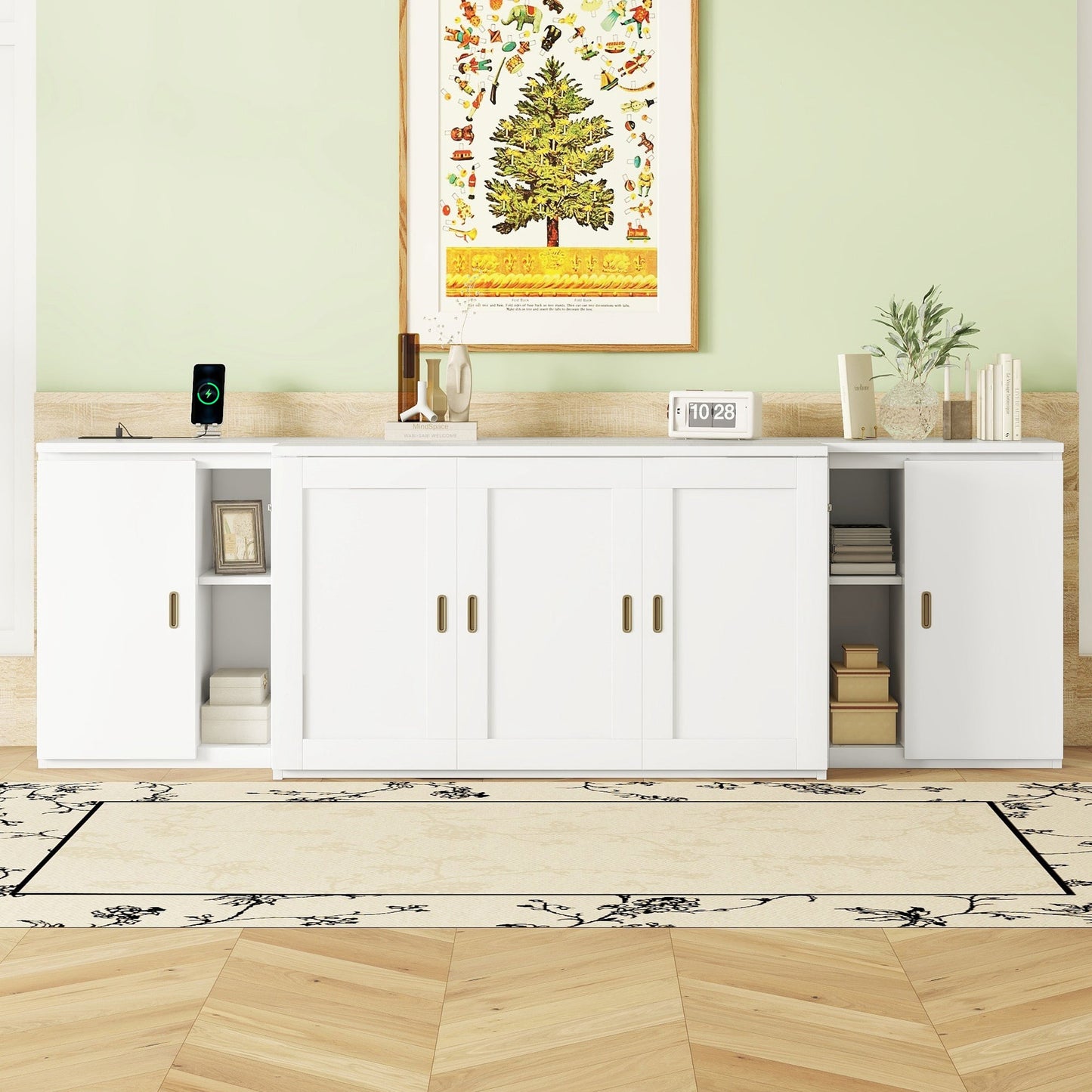 Full Murphy Bed with Shelves, Cabinets & USB Ports - White