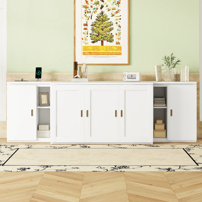 Full Murphy Bed with Shelves, Cabinets & USB Ports - White
