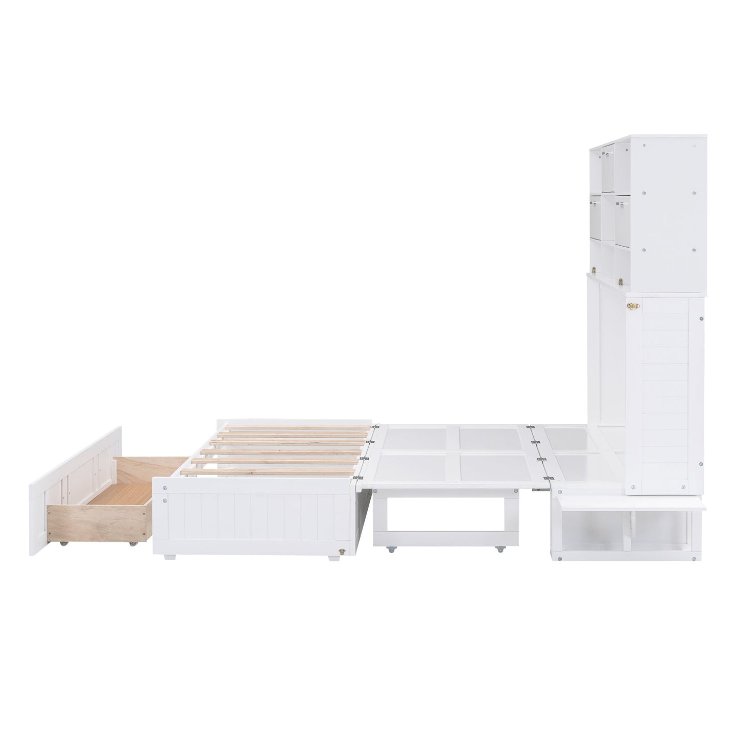 Queen Murphy Bed with Bookcase, Bedside Shelves & Drawer - White