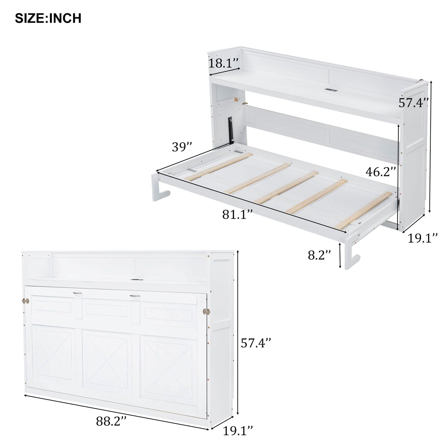 Murphy Bed with Desk, LED Light & USB Charging Station