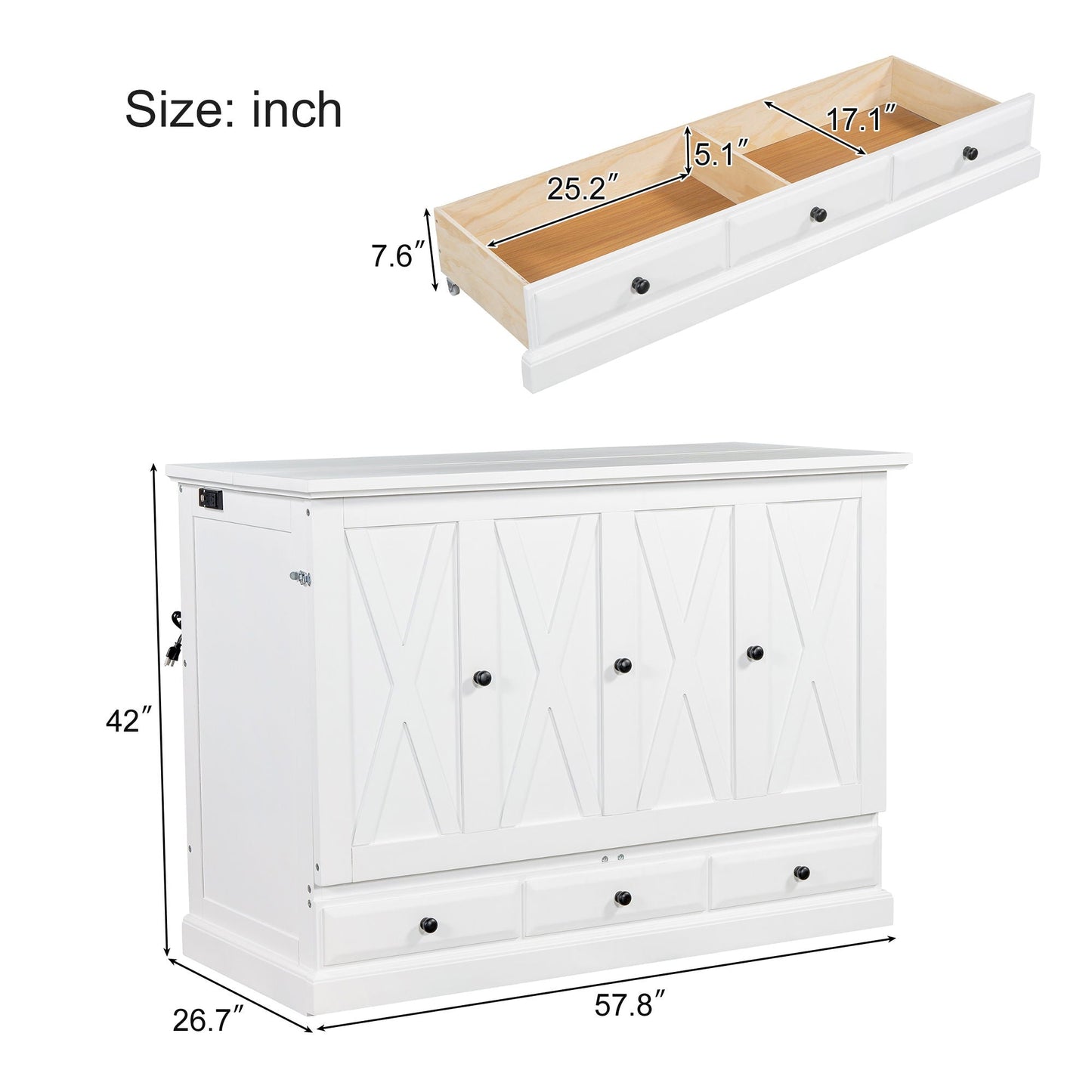 Solid Pine Murphy Cabinet Bed with Charging Station & Storage Drawer