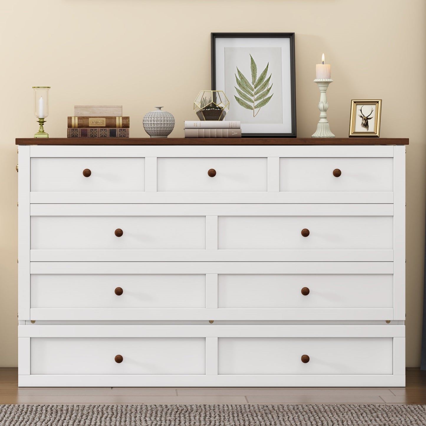Queen Solid Pine Murphy Cabinet Bed with Charging Station - White & Walnut