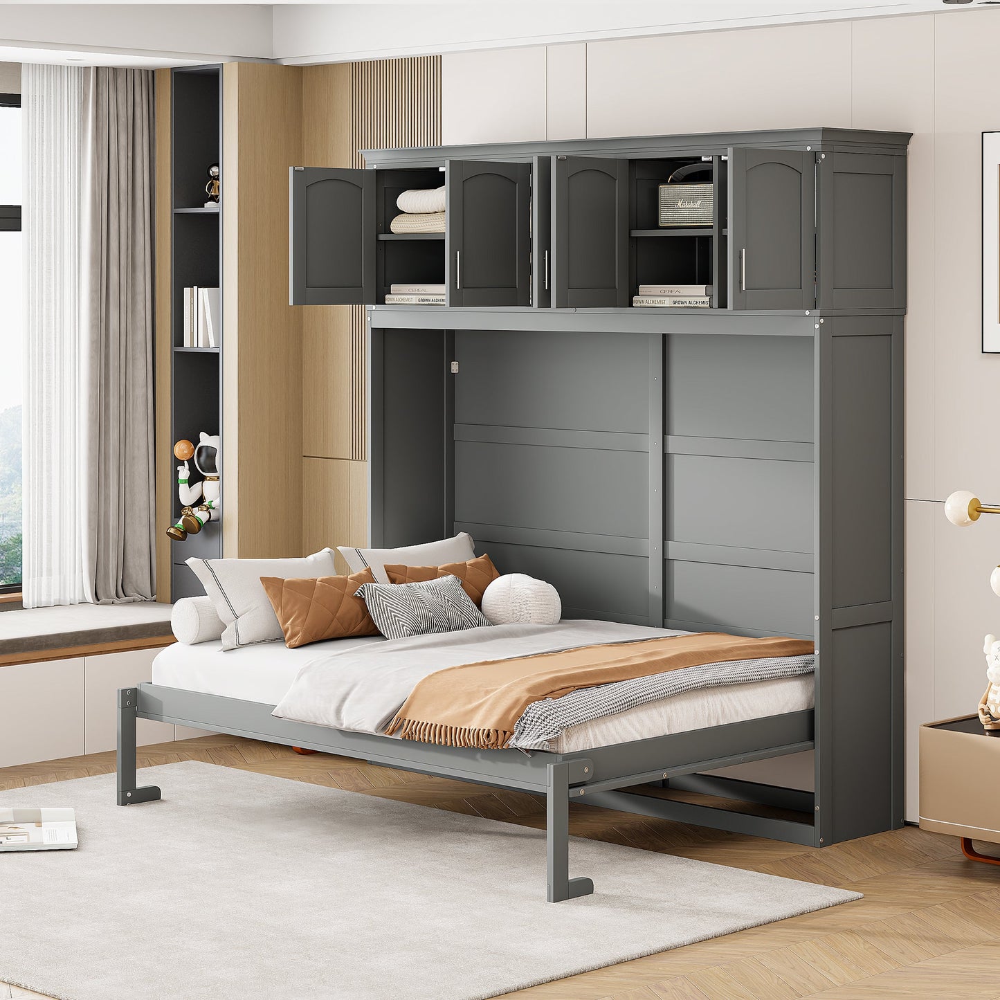 Full Murphy Wall Bed with Top Cabinets - Gray