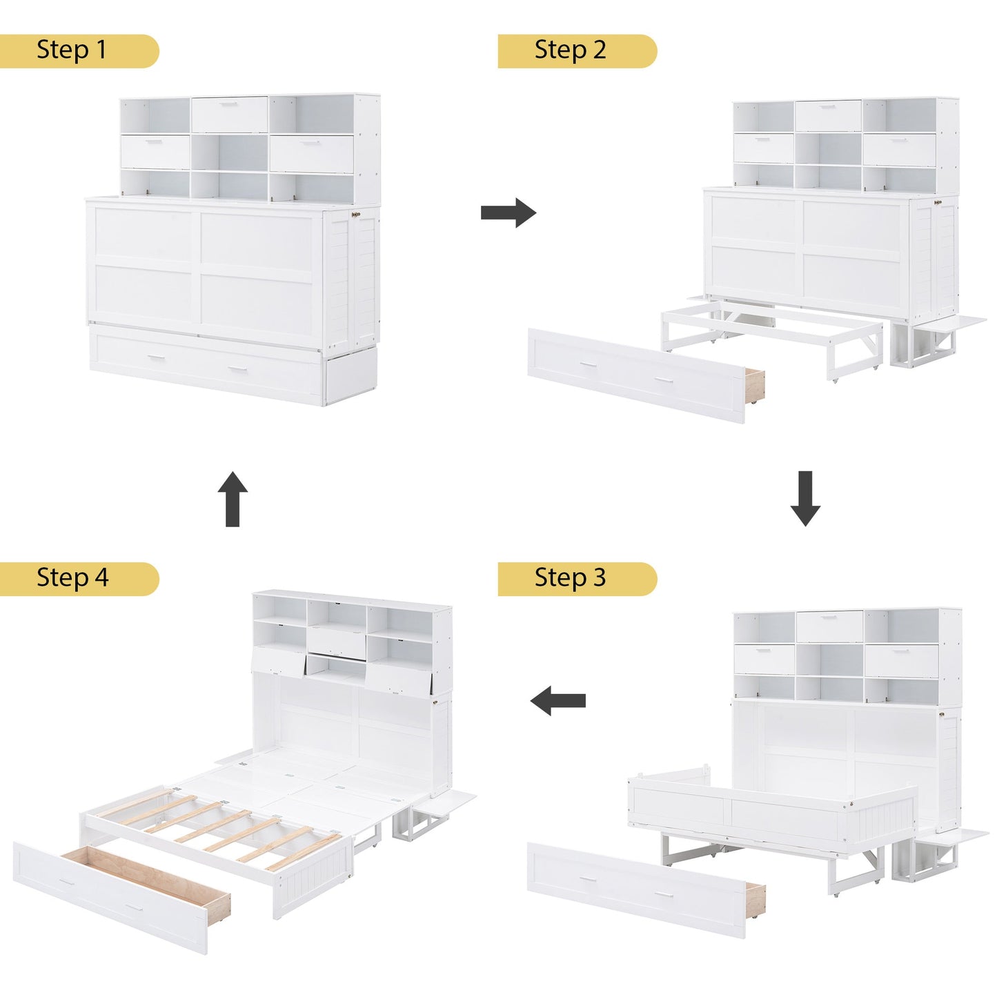Queen Murphy Bed with Bookcase, Bedside Shelves & Drawer - White